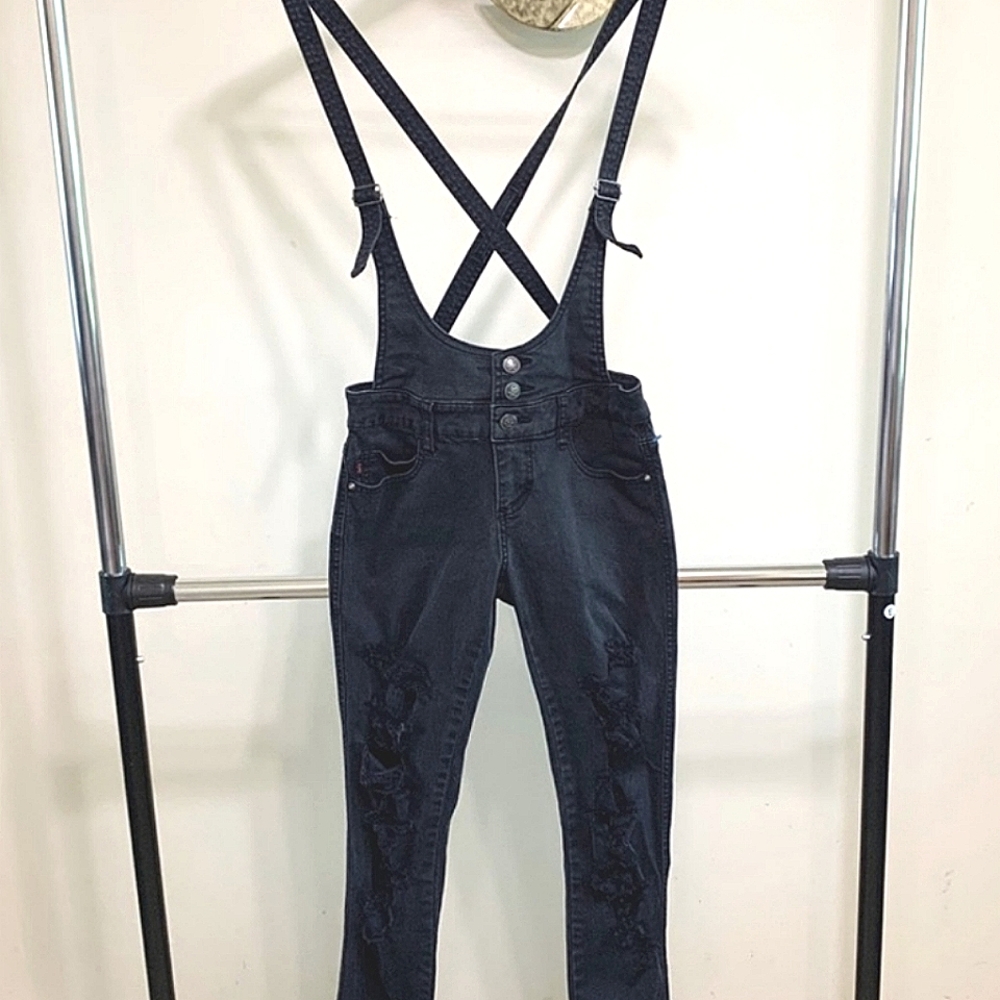 ☠️☠️ Royal Bones Charcoal Ripped Distressed Suspender Jeans w Skull Buttons 27 ☠